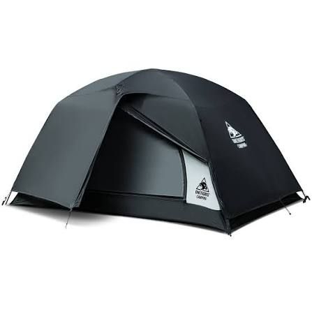Charcoal grey dome camping tent with a front zip door and side window panel