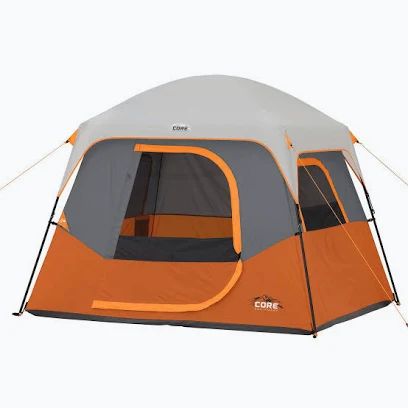 Orange and grey cabin-style camping tent with large windows and guy lines